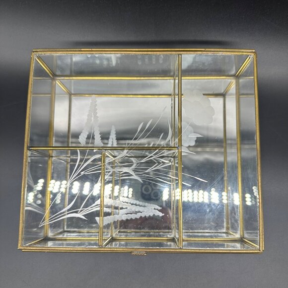 Vintage Glass Mirrored Jewelry Box Brass Etched Floral Mexico Storage Vanity - Picture 2 of 13